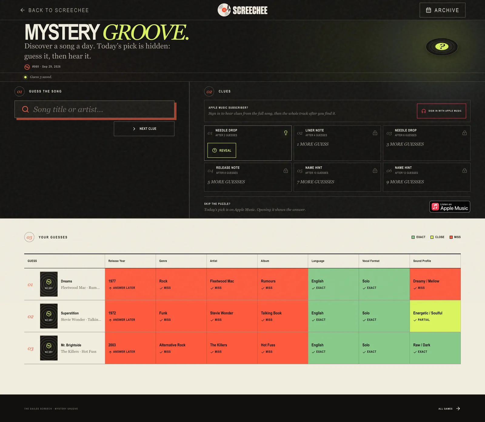 The Mystery Groove board after three guesses, each one colored green, yellow or red for release year, genre, artist, album, language, vocal format and sound profile. On larger screens the search box and six clue cards show above it.