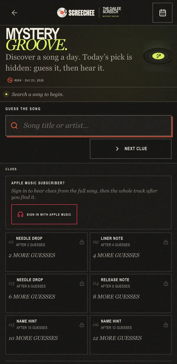 Mystery Groove on a phone before the first guess: the song search box, a Next Clue button and six locked clue cards that open after 2 to 12 guesses.